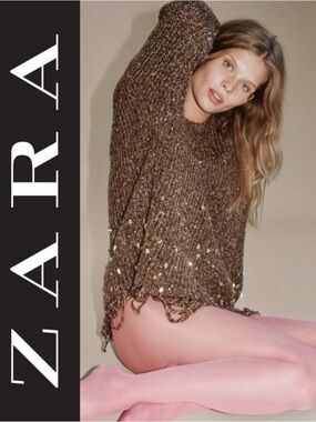 ZARA CHUNKY KNIT SEQUIN RHINESTONE SWEATER DISTRESSED HEM SPECKLED BROWN *NWOT*